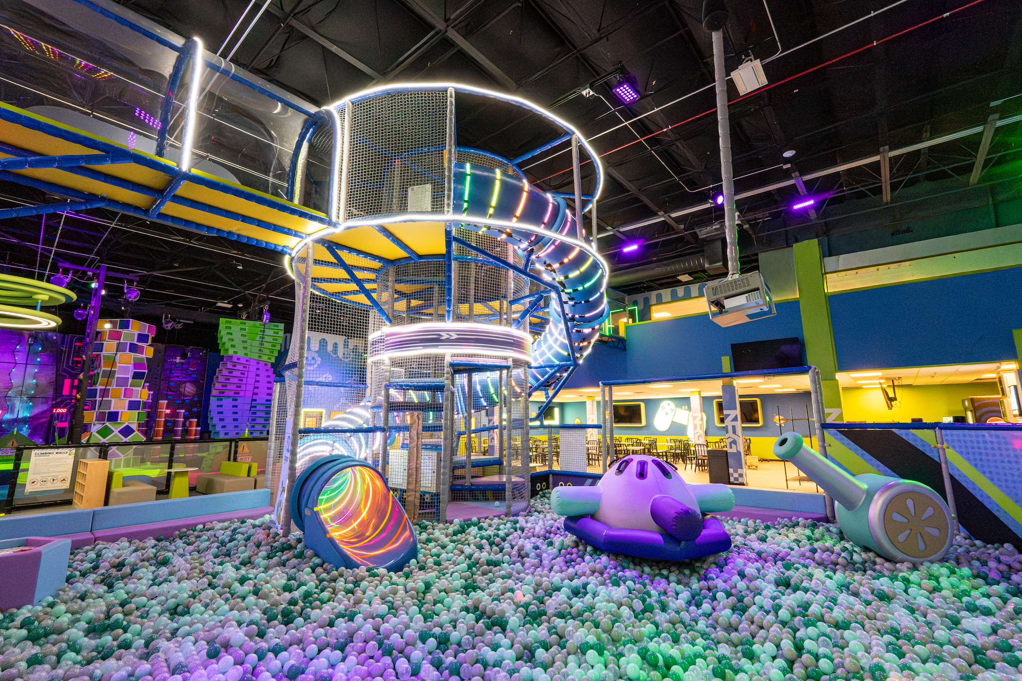 Ball pit and play tower in the soft play area at NRG Fargo